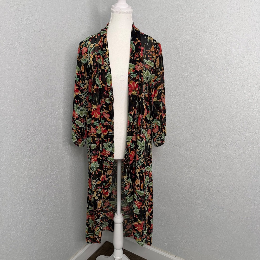 Cameo & Myth‎ Womens Small Black Floral Sheer Duster Cardigan Kimono Long Sleeve